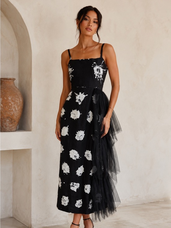 Busayo Dresses & Skirts - BUSAYO Black & White Abstract Print Midi Dress Tulle Ruffle Side Size S